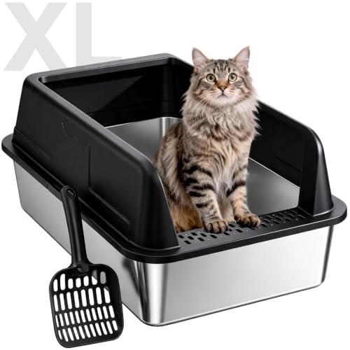 High Sided Stainless Steel XL Cat Litter Box for Cats (Black XL)