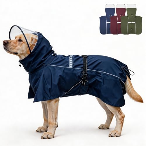 Pet Dog Raincoat Jacket Large Dog Rain Poncho with Transparent Hood (Dark Blue / XL-Fit for 12-18 lbs)