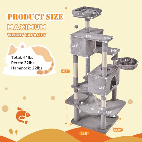 66 Inch Cat Tree Tower for Indoor Cats and Kittens (Light Grey / 66 IN)