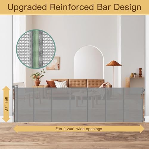 Reinforced 200 Inch Extra Long Baby Gate For Large Opening to Prevent Crawling Under (Gray / 37" Tall x 200" Wide（ With Reinforced Bar ）)
