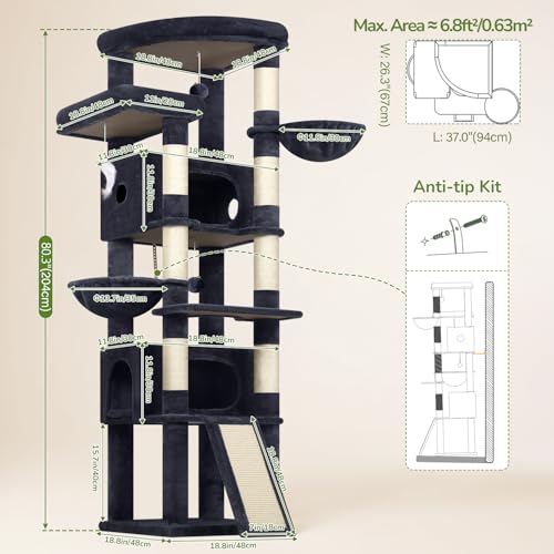 80in Tall Extra Large Heavy Duty Corner Cat Tree Tower (Dark Grey)