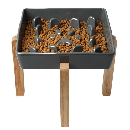 Square Ceramic Dog Slow Feeder Bowls (Grey / M-1.8 Cups+Stand)