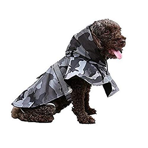 Large Dog Camouflage Raincoat Ajustable Pet Waterproof Clothes Lightweight Rain Jacket Poncho Hoodies with Strip Reflective (Gray / L)
