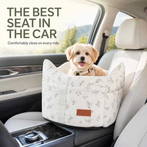 Center Console Dog Car Seat Safe Travel for Small Dogs Under 15 lbs (Off White)