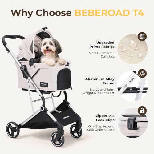 Beberoad T4 Pet Stroller for Small Medium Dogs & 2 Cats Foldable (Beige)