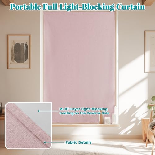 100% Blackout Curtains for Bedroom Stick On Curtains Window Shades Pull Down Blackout Window Cover No Drillng Self Adhesive Curtains No Rod Small Windows (46"W x 72"L (Pack of 1) / Light Pink)