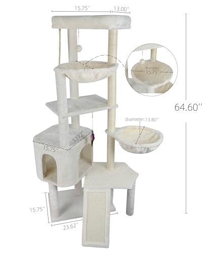 Wang Xin Four Layer Big Cat Tree with Huge Cat Condo and Two Hammocks Scratch Pad (Large / Beige)