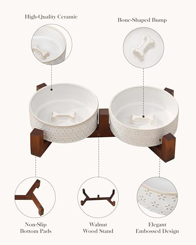 Dog Bowl Set Ceramic Bowls with Walnut Wood Stand (Five-leaf Grass+Honeycomb / 2 Cups)
