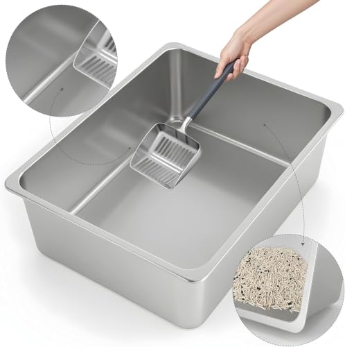 Large High Sided Stainless Steel Cat Litter Box (17.52" L x 13.58" W x 5.9" H)