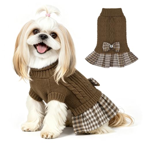 Small Dog Sweater Dress with Bowtie Turtleneck (Large (14-21lbs) / Brown)