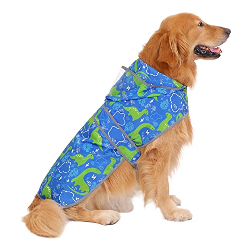 Clear Hooded Dog Raincoat Jacket Poncho with Dog Leash Hole Dino XL (X-Large / Dinosaurs)