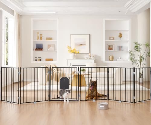 Freestanding Dog Gate with Cat Door for Indoor & Outdoor (Black / 【6 Panels with Cat Door】30''Tall, 156" Wide)