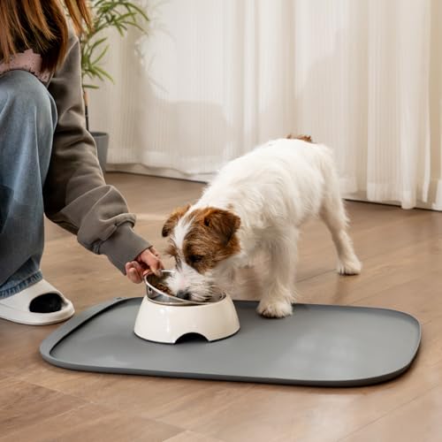 Silicone Dog Food Mat with Side Pocket & Hook Hole (24"L x 16"W / Grey)