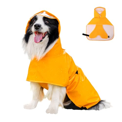 Dog Raincoat Dog Rain Jacket Poncho with Hood and Leash Hole (Neon Yellow / 6XL(66-99lbs))