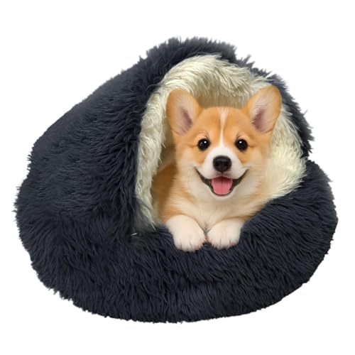 Cat Bed Round Plush Fluffy Hooded Cat Bed Cave (23.0"L x 23.0"W x 6.0"Th / Dark Grey)
