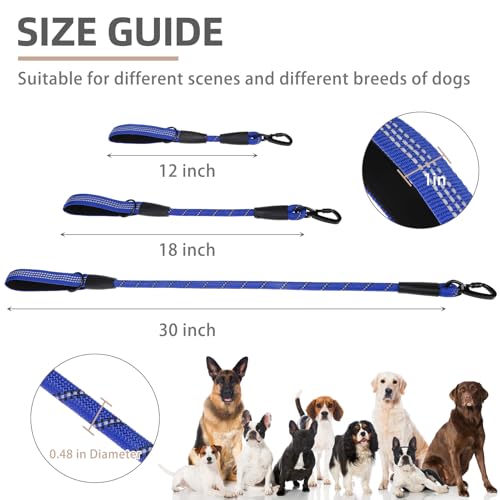 Reflective Short Dog Leashes 3 Pack for Walking and Training (Blue / 1FT+1.5FT+2.5FT)