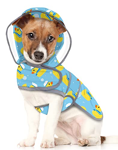 Clear Hooded Dog Raincoat Jacket Poncho with Dog Leash Hole Blue M (Medium / Sailor Ducks Blue)