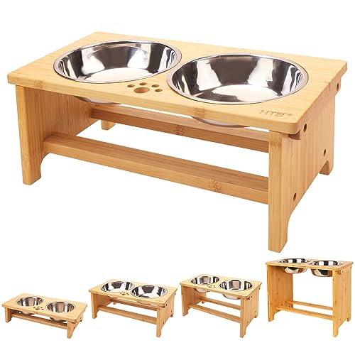 Elevated Dog Bowl Stand with 2 Stainless Steel Bowls (medium-7"tall,29 Oz bowl / Bamboo)