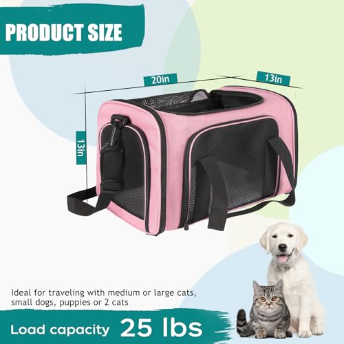 Dog Cat Carrier Pet Carriers for Large Cats Small Dogs Carrier Soft Sided Puppy up to 25Lbs Dog Carrier Portable Foldable Dog Cat Travel Carrier (20.0"L x 13.0"W x 13.0"H / Pink)