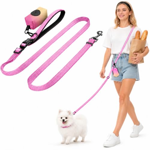 Hands Free Dog Leash with Poop Bag Holder (Pink)
