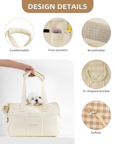 Dog Purse Carrier for Small Dogs Rabbit cat with Large Pockets (Beige / 13.6"L x 6.5"W x 10.0"H)