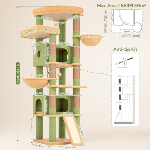 80in Cactus Extra Large Heavy Duty Corner Cat Tree Tower (Green)