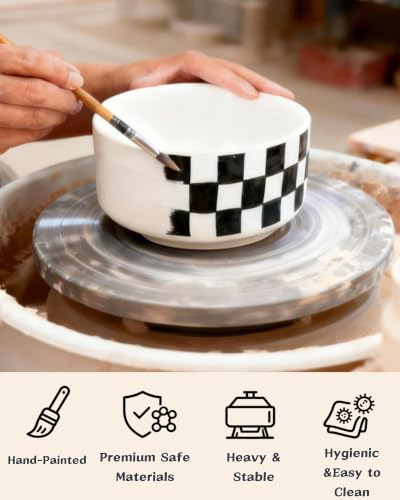 Ceramic Dog Bowl Set of 2 with Wood Stand (M-3.5 Cups / 01-Checkerboard & Stripe)