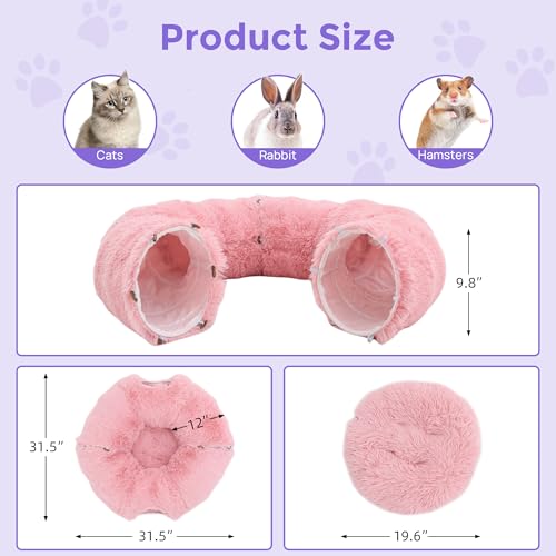 Plush Cat Tunnel Bed for Indoor Cats with Soft Cushion (Pink)