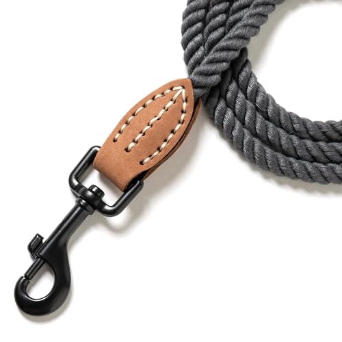 Dog Leash Braided Cotton Rope with Leather (Dark Grey / 48 Inch-1/3")