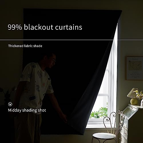 100% Blackout Self Adhesive Curtains Small Window Short Temporary Black Out Curtains Easy to Install Used for Bedroom Kitchen Window Cover (Black/ Thickened / 35"W x 63"L (Pack of 1))
