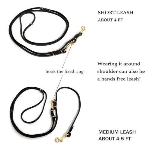 Multi Function 8ft Genuine Leather Hands Free Dog Training Leash for Puppy Small and Medium Dogs (Black / 8ft*3/8inch)