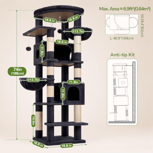74in Heavy Duty Cat Tree Tower for Indoor Cats Large Adult (Dark Grey / 74inch)