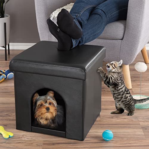 Cat House Collapsible Multipurpose Small Dog or Cat Ottoman with Footrest (Black)
