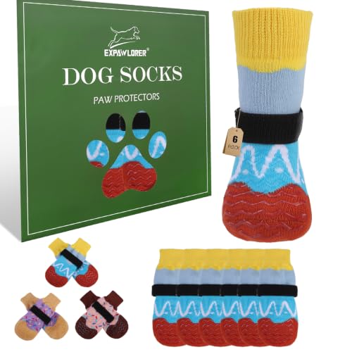Anti Slip Dog Socks for Prevent Licking Paws & Hardwood Floor (Blue / Large(6 Pack))