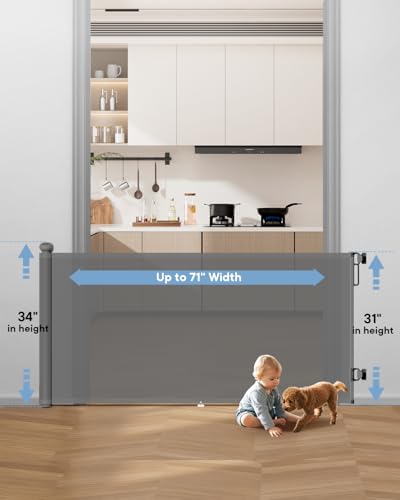 Extra Wide Retractable Baby Gate 71" Wide Fits Large Opening Gray (Gray / 34" Tall x 71" Wide)