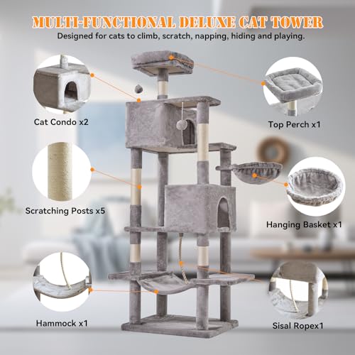 66 Inch Cat Tree Tower for Indoor Cats and Kittens (Light Grey / 66 IN)