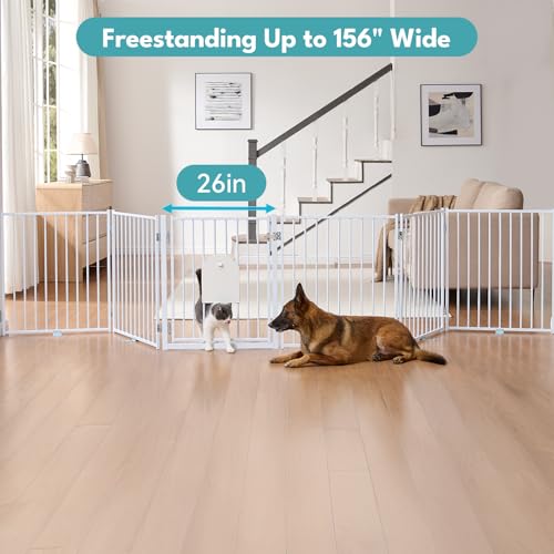 Freestanding Dog Gate with Cat Door for Indoor & Outdoor (White / 【6 Panels with Cat Door】30''Tall, 156" Wide)