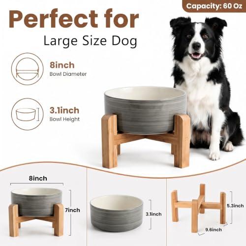 Elevated Ceramic Dog Bowl with Bamboo Stand (White Gray / 7.6Cup)