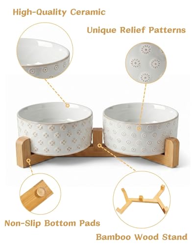 Ceramic Dog Bowl Set of 2 with Wood Stand (M-3.5 Cups / 02-Clover & Daisy)