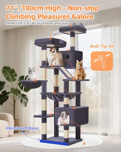 Cat Tree 71 in Extra Large Cat Tower for Inddor Cats (Smoky Gray / 71 Inches)