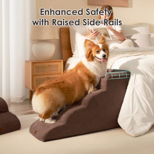 4 Step Curved Dog Stairs for Beds 17.6" H (Brown / 31.3"l X 15.7"w X 19.3"h)