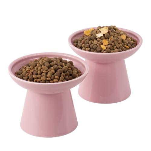 2 Pack Extra Wide Elevated Ceramic 6.2" Shallow Cat Food Bowls (Pink-2 Food Bowl)