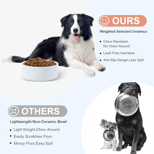 Ceramic Dog Bowls 2 Pack (7.3 in - 5.3 cups / Paw White - Only Bowls*2)