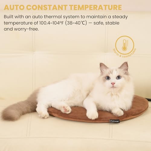 Pet Heating Pad for Cats Dogs Indoor & Sheltered Outdoor Waterproof Heated Cat Bed Heated Dog Bed Chew Resistant Cord Constant Temperature Electric Warming (Brown / Round: 16" x 16" x 1.3")
