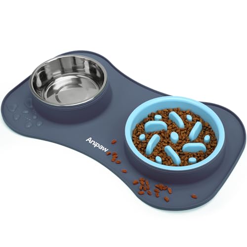 Slow Feeder Dog Bowls 3 in 1 Stainless Steel Food Water Bowl to Slow Eating (Large Breed / Light Grey)