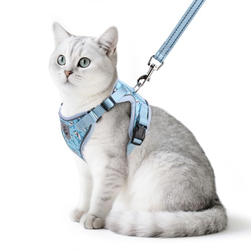 Cat Harness and Leash Set Escape Proof Reflective Cat Walking Harness Adjustable Soft Breathable Mesh Vest for Small Pets (M (NECK 11"-13.7", CHEST 16"-20") / Blue Sharks)