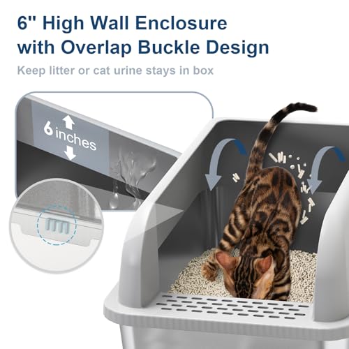 XL Enclosed Stainless Steel Cat Litter Box for Big Cats (Light Grey & Sliver / Large)