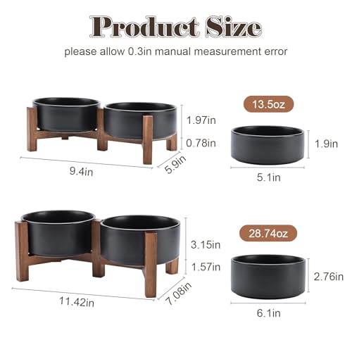Ceramic Dog Bowls with Acacia Wood Stand (28.74 Oz / Black)