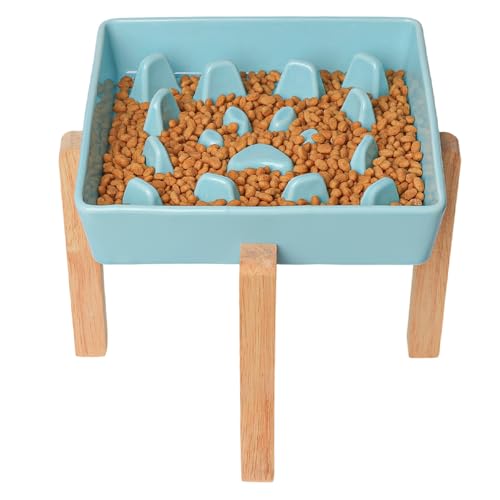 Square Ceramic Dog Slow Feeder Bowls (Turquoise / M-1.8 Cups+Stand)