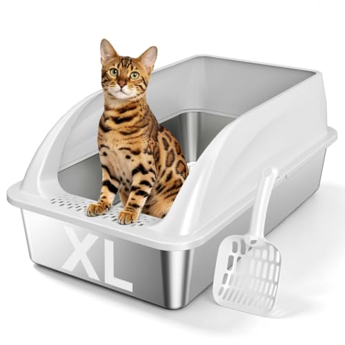 XL Open Top Stainless Steel Litter Box with High Sides (Light Gray-1Pack)